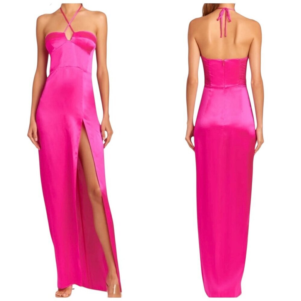 Amanda Uprichard Charmaine Silk Maxi Dress Pink Halter Slit M NWT